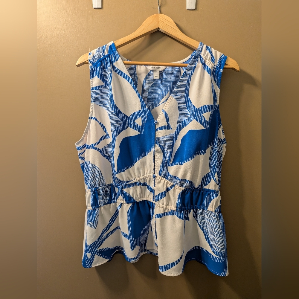 Nine West Blue & White Sleeveless Peplum Top